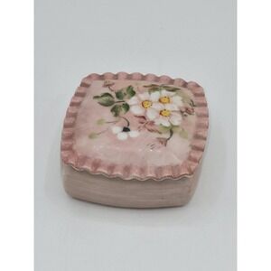 Rosemary Porcelain Trinket Box Hand Painted Floral Pink Square Lidded Dish 1983